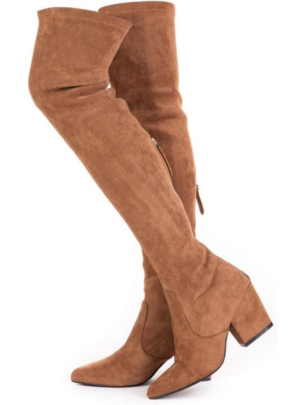 Over the Knee Thigh High Suede Boots - Flat Block Heel, Winter Comfort, Pointed